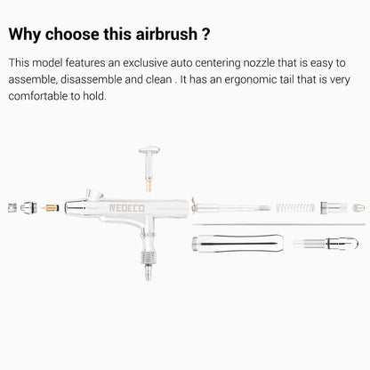 Dual-Action Airbrush with Auto-Centering Nozzle, 7cc/13cc Cups, 0.2/0.3/0.5mm Needles for Modeling, Makeup, Nail Art & Painting