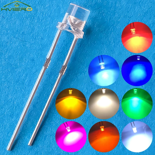 100x 3mm Flat Head LED Bulbs - Bright Wide Angle Light Emitting Diodes for DIY Electronics & Decorations