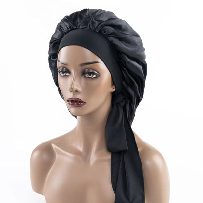 Satin Nightcap for Women - Wide Stretch, Extra-Large Long Tail, Shower Cap with Ribbon, Round Hat Hair Bonnet