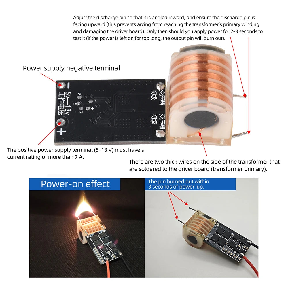 High-Voltage Generator Module DC 5–13V - 10–20kV AC Arc Igniter Driver Board with Transformer