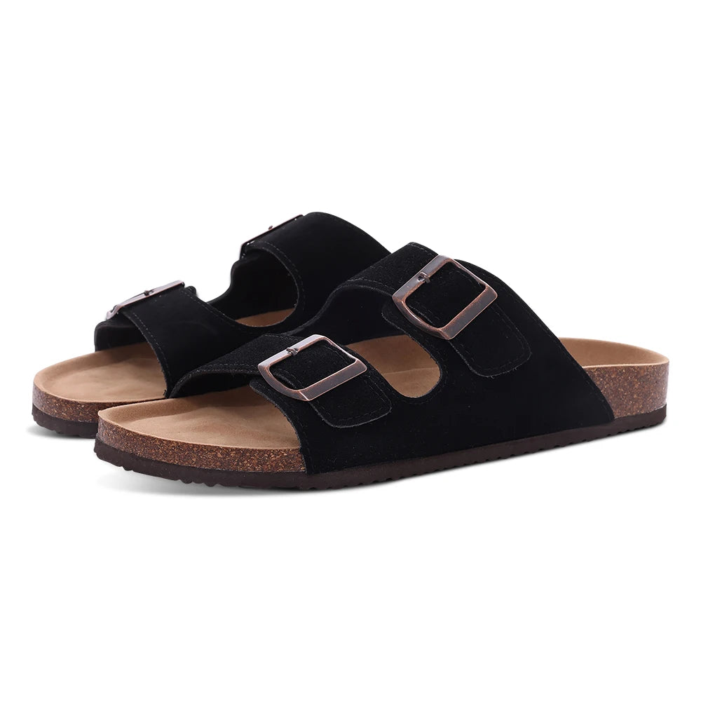 Comwarm Men's Cork Footbed Slide Sandals - Arch Support, Adjustable Buckle & Leather Summer Casual Slides