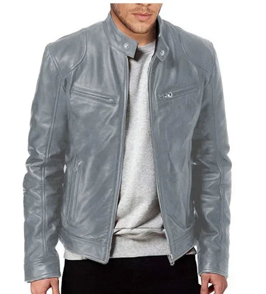 Men’s Slim Fit Motorcycle Leather Jacket – Short Lapel PU Zipper Windproof Coat for Autumn