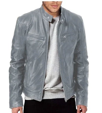 Men’s Slim Fit Motorcycle Leather Jacket – Short Lapel PU Zipper Windproof Coat for Autumn
