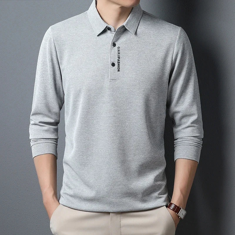 Men's Waffle Long Sleeve Polo Shirt - Letter Print Casual Lapel Top