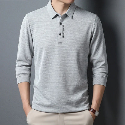 Men's Waffle Long Sleeve Polo Shirt - Letter Print Casual Lapel Top