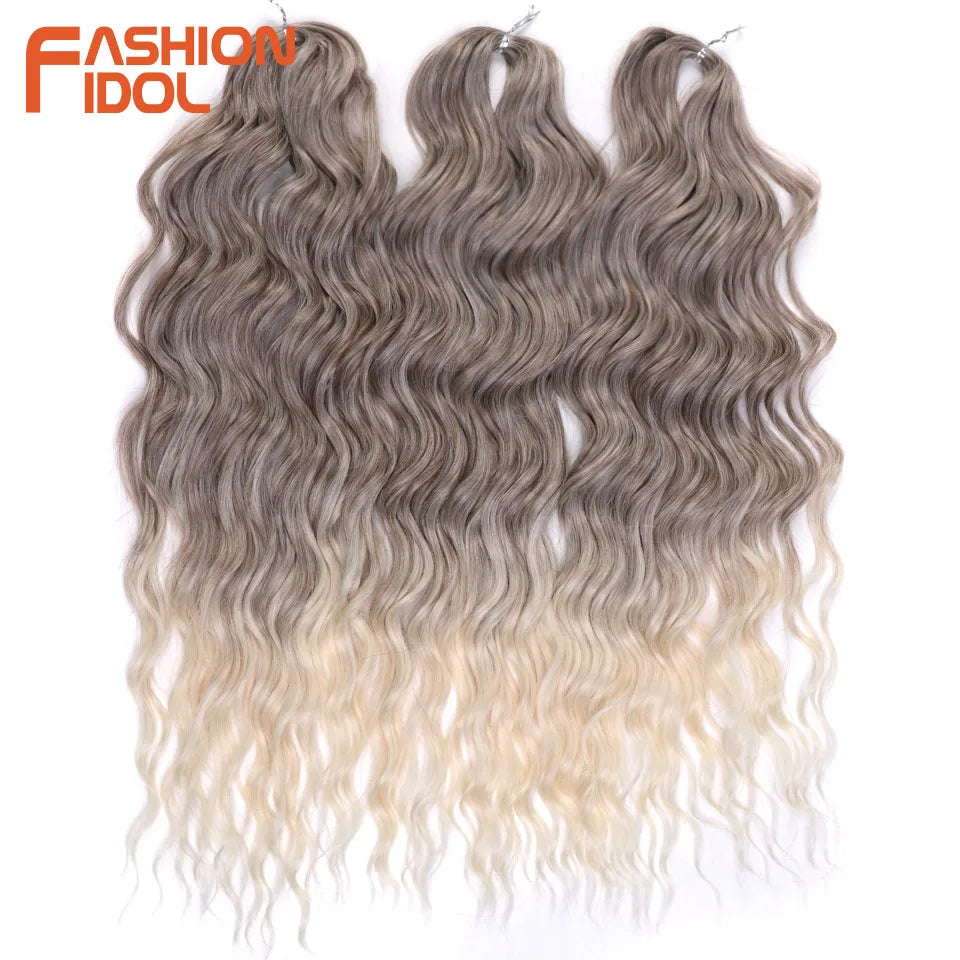 FASHION IDOL 24" Deep Wave Crochet Hair - 3-Piece Synthetic Water Wave Braiding Extensions, Ombre Rainbow Twist Hair