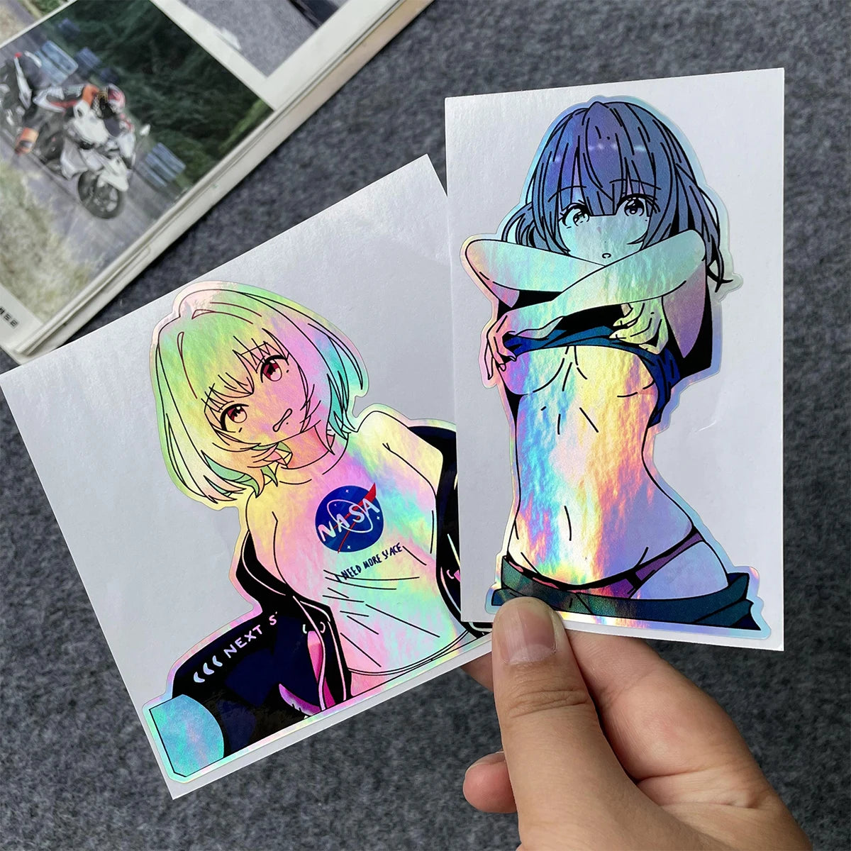 JDM Anime Girl Holographic Stickers - Rainbow Vinyl Decals for Car Windows, Motorcycles, Helmets, and Windshields