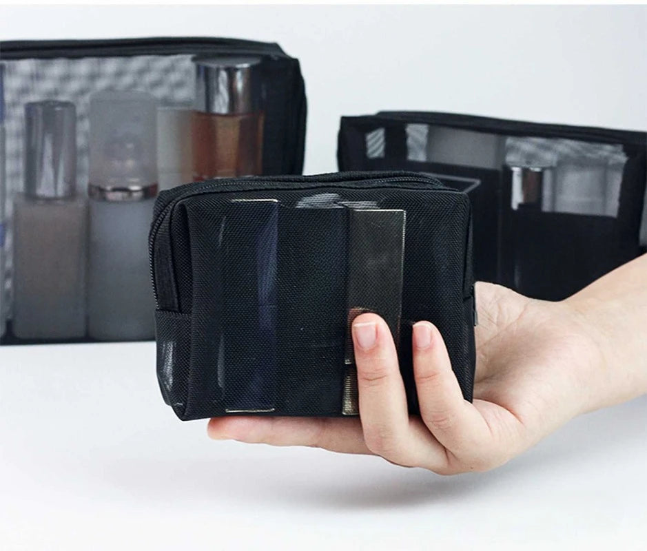 Transparent Mesh Zipper Cosmetic Bag – Fashionable Black Toiletry Organizer, Small & Large Makeup Pouch for Women