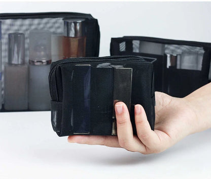 Transparent Mesh Zipper Cosmetic Bag – Fashionable Black Toiletry Organizer, Small & Large Makeup Pouch for Women