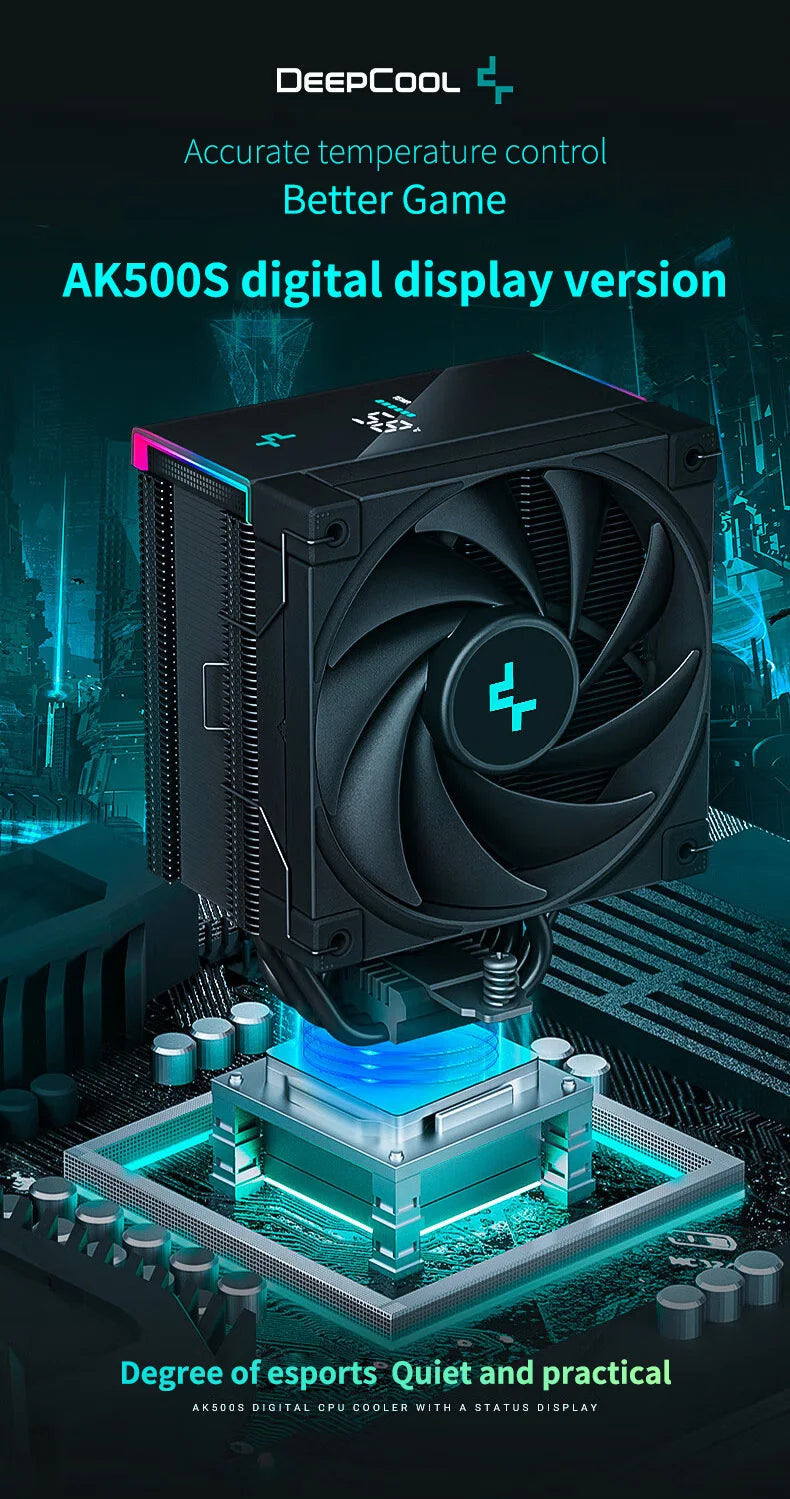 DeepCool AK500S Digital CPU Cooler – 240W TDP, 5 Heat Pipes, LED Display, Compatible with LGA1700/1200/115X, AM4/AM5