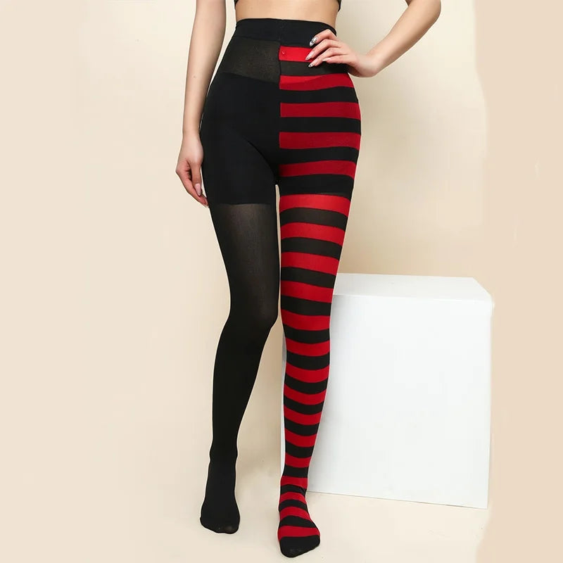 Goth Punk Women’s Rainbow Striped Pantyhose – High Waist Slim Leggings for Halloween Christmas Cosplay