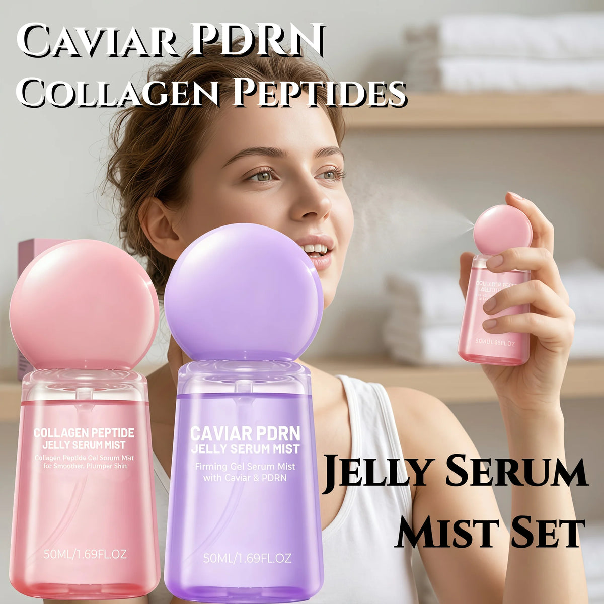 Caviar PDRN Collagen Peptide Jelly Serum Mist Set - Hydrating, Plumping Facial Mist for Dewy, Firm-Looking Skin and Travel Skincare