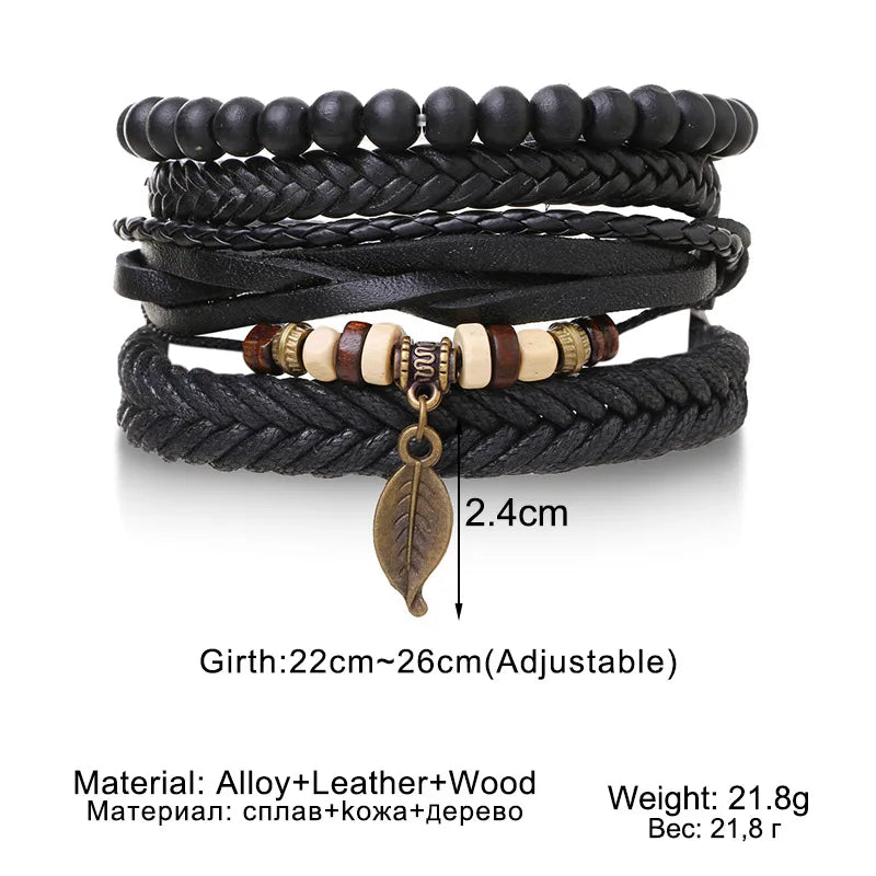 4Pcs Men's Braided Leather Bracelets Set – Vintage Life Tree & Rudder Charms, Wood Beads, Ethnic Tribal Wristbands