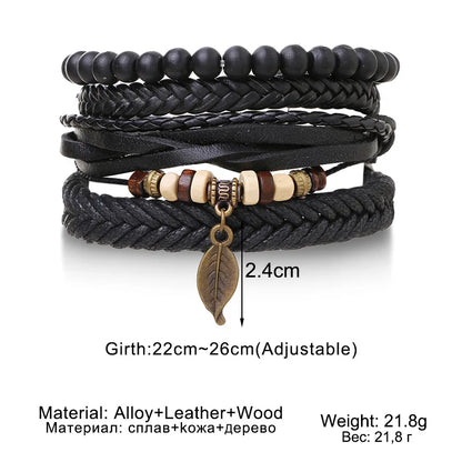 4Pcs Men's Braided Leather Bracelets Set – Vintage Life Tree & Rudder Charms, Wood Beads, Ethnic Tribal Wristbands