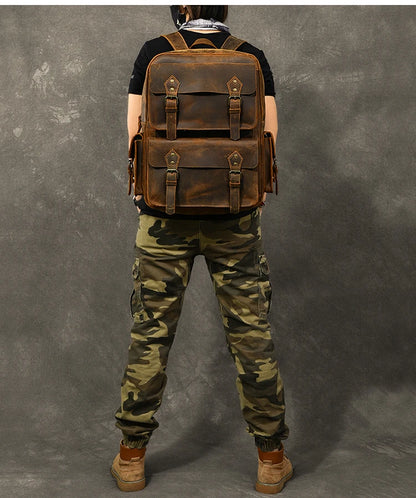 Vintage Crazy Horse Leather Backpack for Men — 17" Laptop Travel Rucksack Cowhide Hiking Bag M815