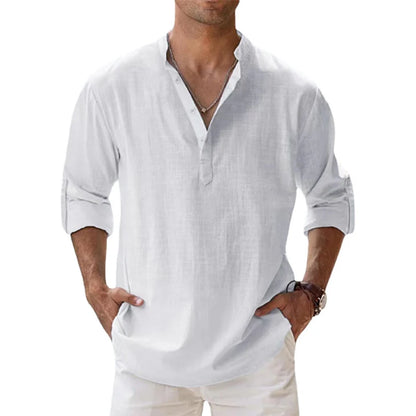 Men's Cotton Linen Henley Shirt - Lightweight Long Sleeve Casual Beach Summer Top
