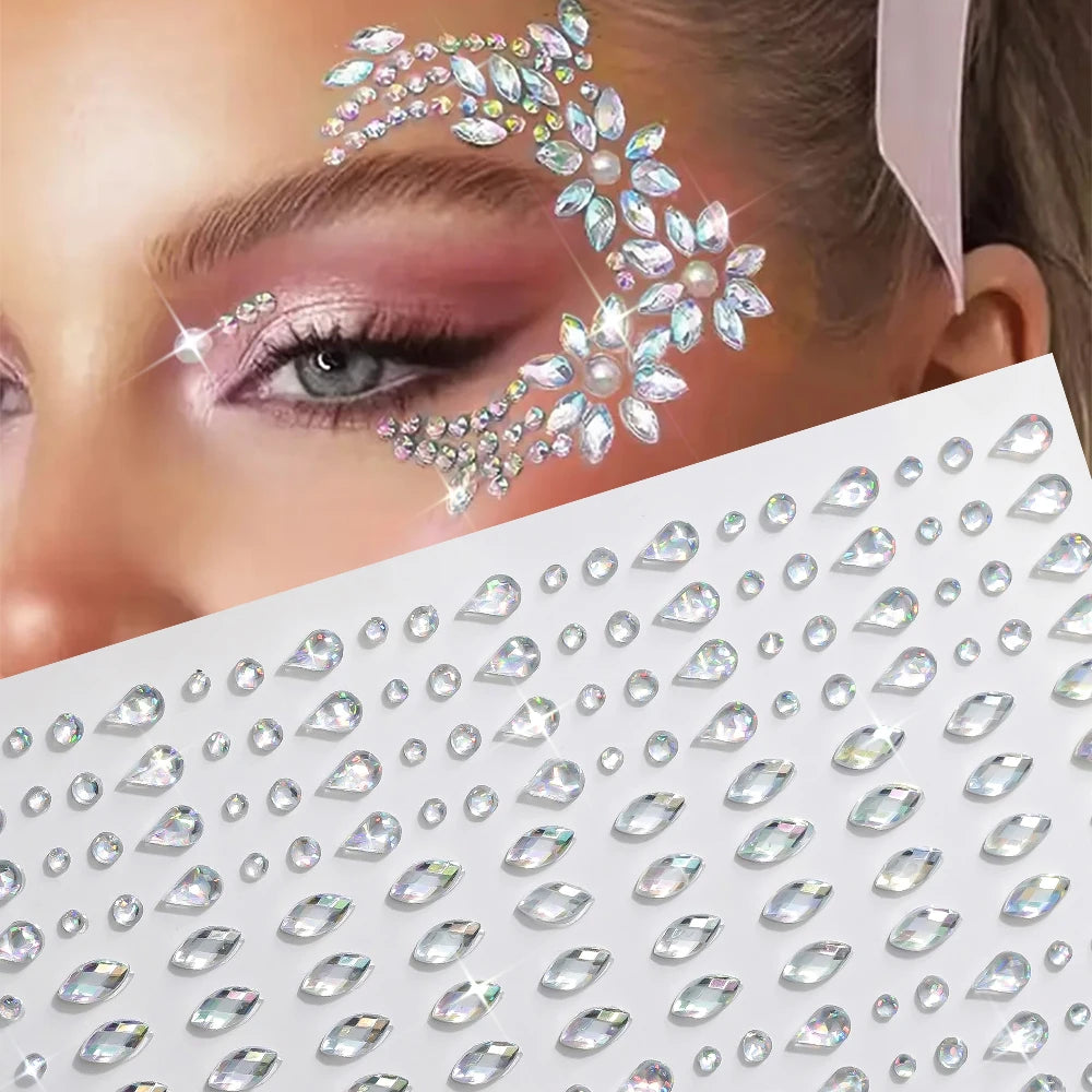 3D Holographic Teardrop Rhinestone Stickers - Self-Adhesive Crystal Diamond Face, Eye & Hair Decoration Tattoos