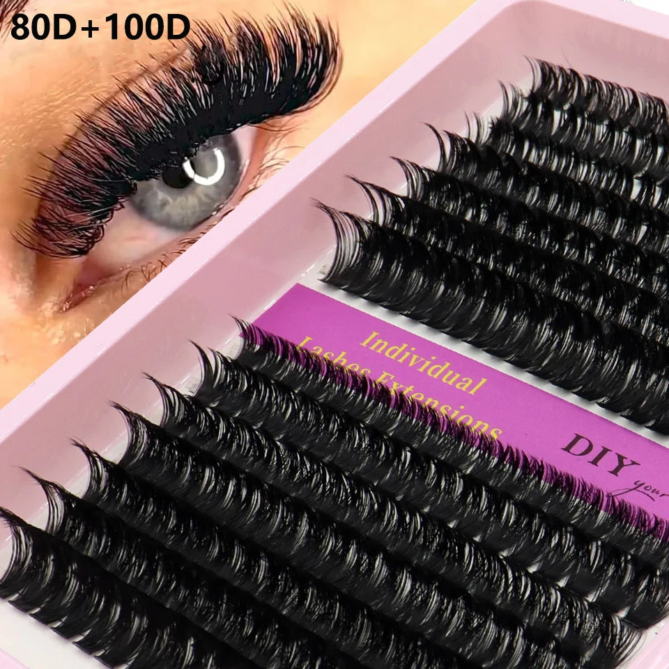 40D–100D Segmented Tufted Eyelashes – 14 Rows Mixed 10–16mm Black Matte DIY Grafted False Eyelash Extensions for Volume Makeup Look