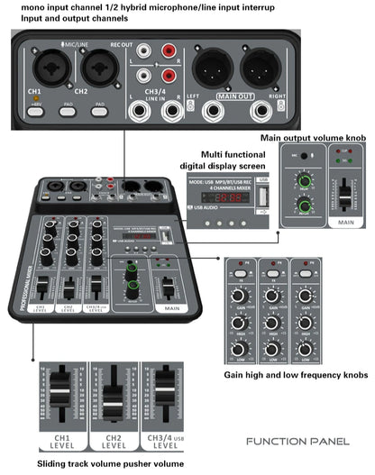 4-Channel Audio Mixer — USB Studio Mixer with 48V Phantom Power & Bluetooth for DJ & Karaoke