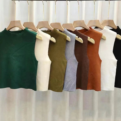 Women's Solid Color Knitted Vest Tank Top - Cropped Half-Turtleneck Camisole Sleeveless T-Shirt for Spring and Autumn
