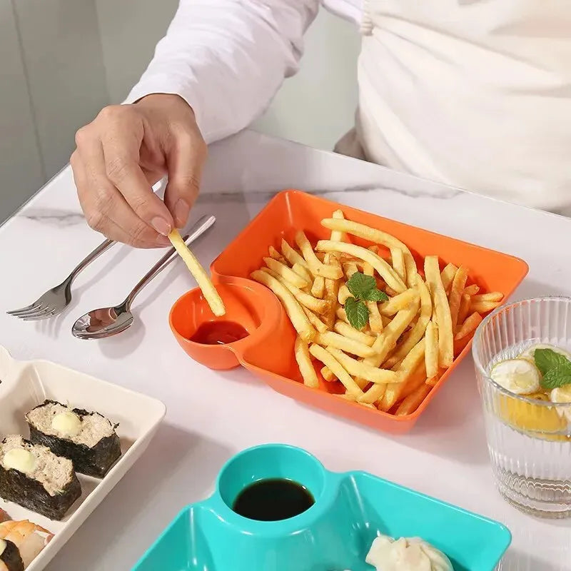 Versatile 2-Grid Snack Dish: French Fries & Dumpling Plate with Ketchup and Vinegar Compartments - Ideal for Dumplings, Desserts, and Spices