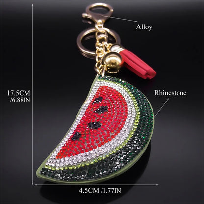 Kawaii Watermelon Crystal Keychain – Gold Alloy Leather Fruit Keyring for Women & Men, Bag & Car Accessory