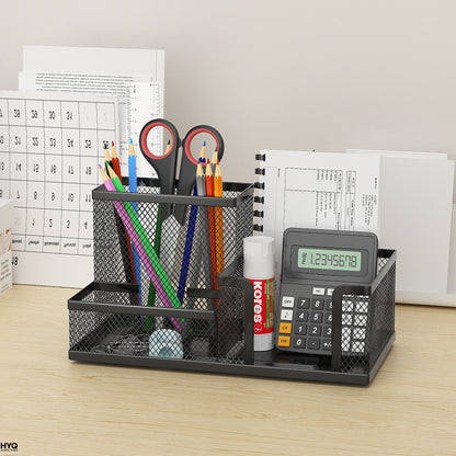 Mesh Desk Organizer Caddy with Pencil Holder and 3 Compartments for Office Desktop Storage – Black Office Supplies Organizer