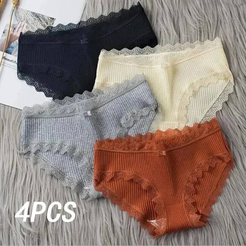 4 Pcs Lace Wavy Trim Bikini Panties - Comfy & Breathable Elastic Women’s Lingerie & Underwear