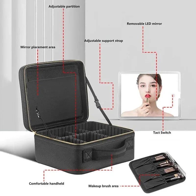 Smart LED Cosmetic Case with Mirror, Large Capacity Travel Makeup Bag for Women, Skincare & Beauty Organizer
