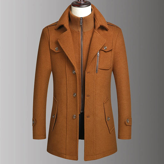 Men’s Double Collar Wool Coat – Stylish Autumn Winter Business Woolen Jacket for Middle-Aged Men