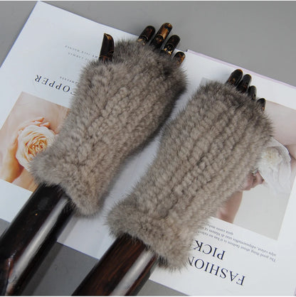 Women’s Winter Mink Fur Gloves – 100% Natural Fingerless Knitted Mittens for Warmth