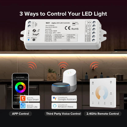 CENFAYA ZigBee & RF 2CH LED Controller - Smart DC 12V/24V Dimmer for CCT LED Strips with Remote Control