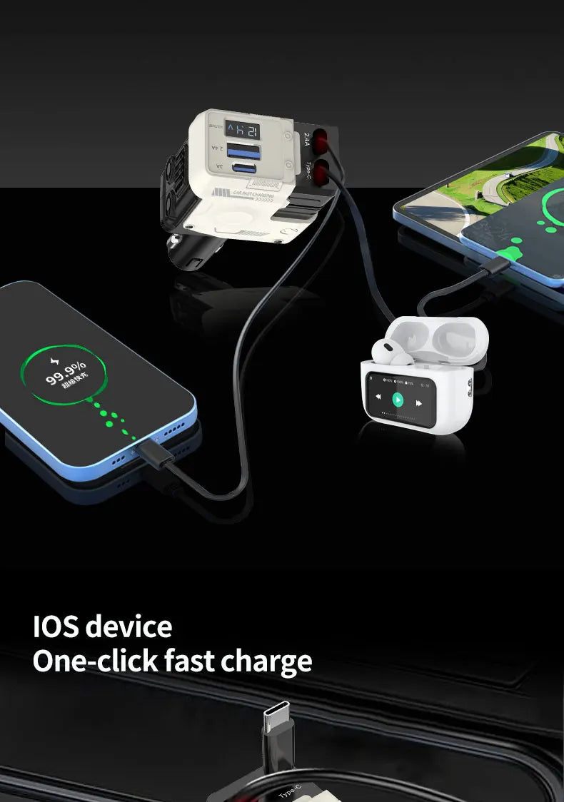 120W Car Charger | 4-in-1 Retractable Cigarette Lighter Adapter with USB Type-C Fast Charging Cable for iPhone & Android