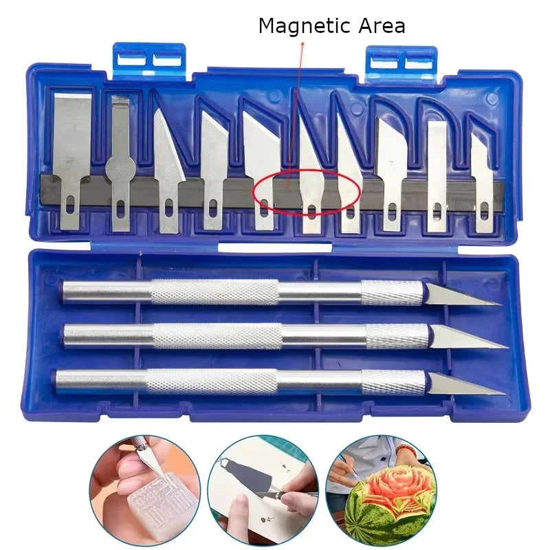 13PCS Metal Scalpel Knife Set – Portable Blue Box with 3 Handles & 10 Blades for Precision Carving, DIY & Repair Tools