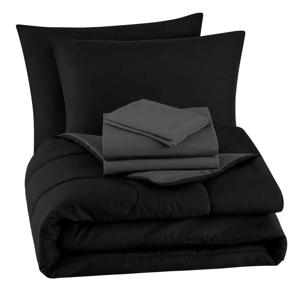 Black 7-Piece Bedding Set - Comforter, Sheets, Shams, Pillowcases, Reversible King Size, Easy Care Polyester