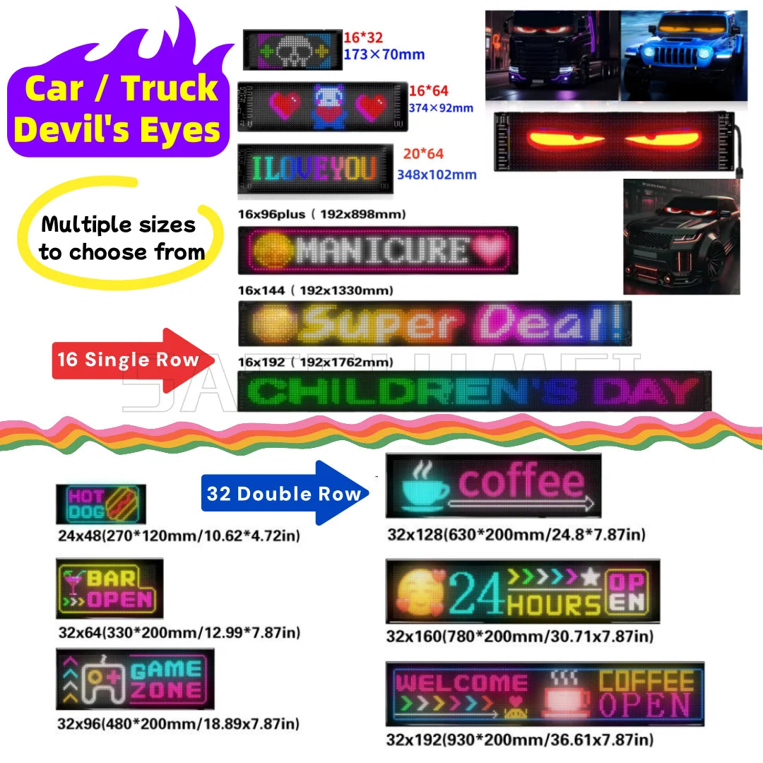 Double Row Programmable LED Matrix Display - App-Controlled Scrolling Text, Evil Eye Animation Sign for Cars, Trucks, and Parties