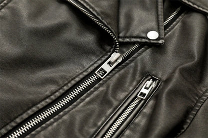RARF 2024 Women's Washed Leather Jacket – Coal Gray Short Coat with Belt, Vintage Lapel & Zipper