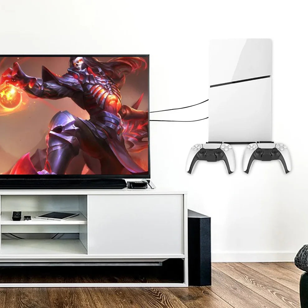 JOMAA Wall Mounted Console Stand for PS5 Slim - Solid Metal Holder with 2 Controller Mounts, Easy Installation Kit