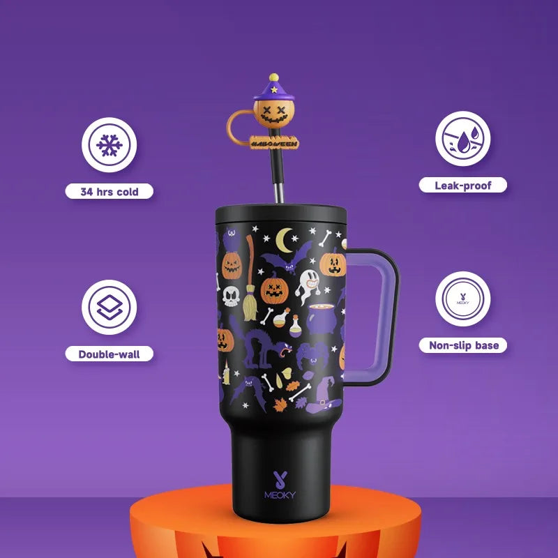 Meoky 40oz Halloween Tumbler with Straw – Insulated Stainless Steel Coffee Cup, Leak-Proof, Non-Slip, Portable Vacuum Car Mug