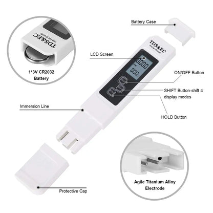 White Digital Water Quality Tester - TDS EC Meter, Multifunctional Water Purity & Temperature TEMP PPM Tester (0-9990 Range)