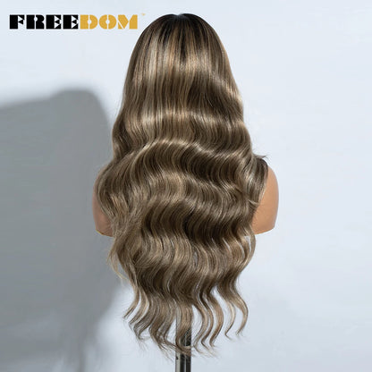 FREEDOM 26-Inch Synthetic Lace Front Wig for Women — Honey Brown Body Wave with Ombre Blonde Highlights, Cosplay & Fashion Wig