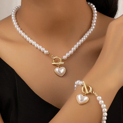 Pearl Heart Jewelry Set for Women - 2-Piece Necklace & Bracelet Imitation Pearl Chain Set
