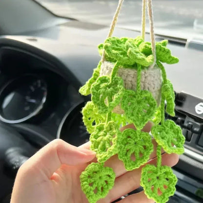 Cute Crochet Potted Plants Car Basket – Hanging Car Decor & Rear View Mirror Ornament Accessories