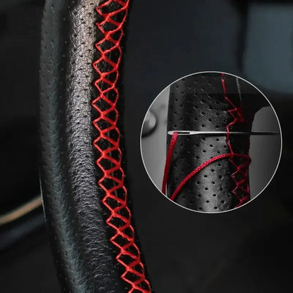 Universal Leather Car Steering Wheel Cover - DIY Stitch-On Wrap, Fits 38cm/14" Wheels, Breathable and Anti-Slip - Available in Black, Grey, Beige