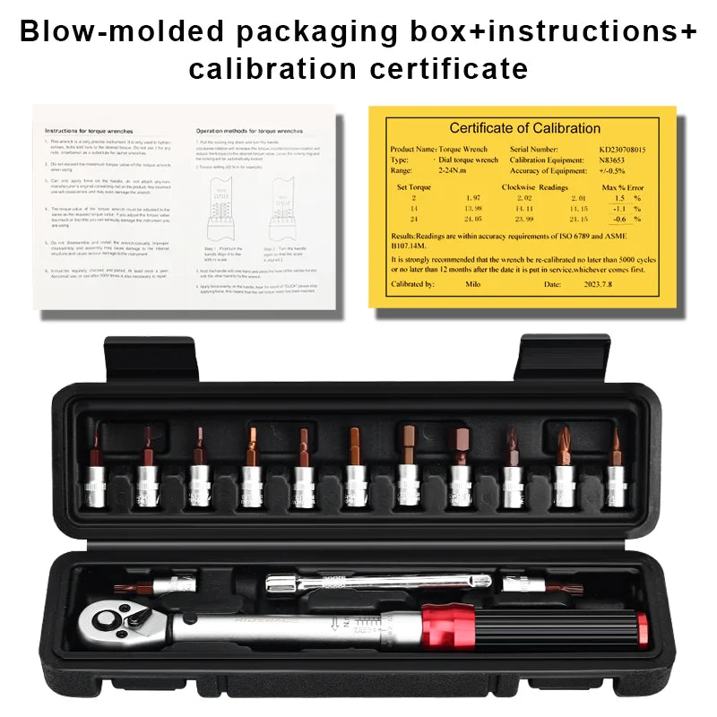 RIDERACE 15PCS Bicycle Torque Wrench Set | 1/4" 2-24Nm Dual Direction Allen Key & Socket Spanner Kit
