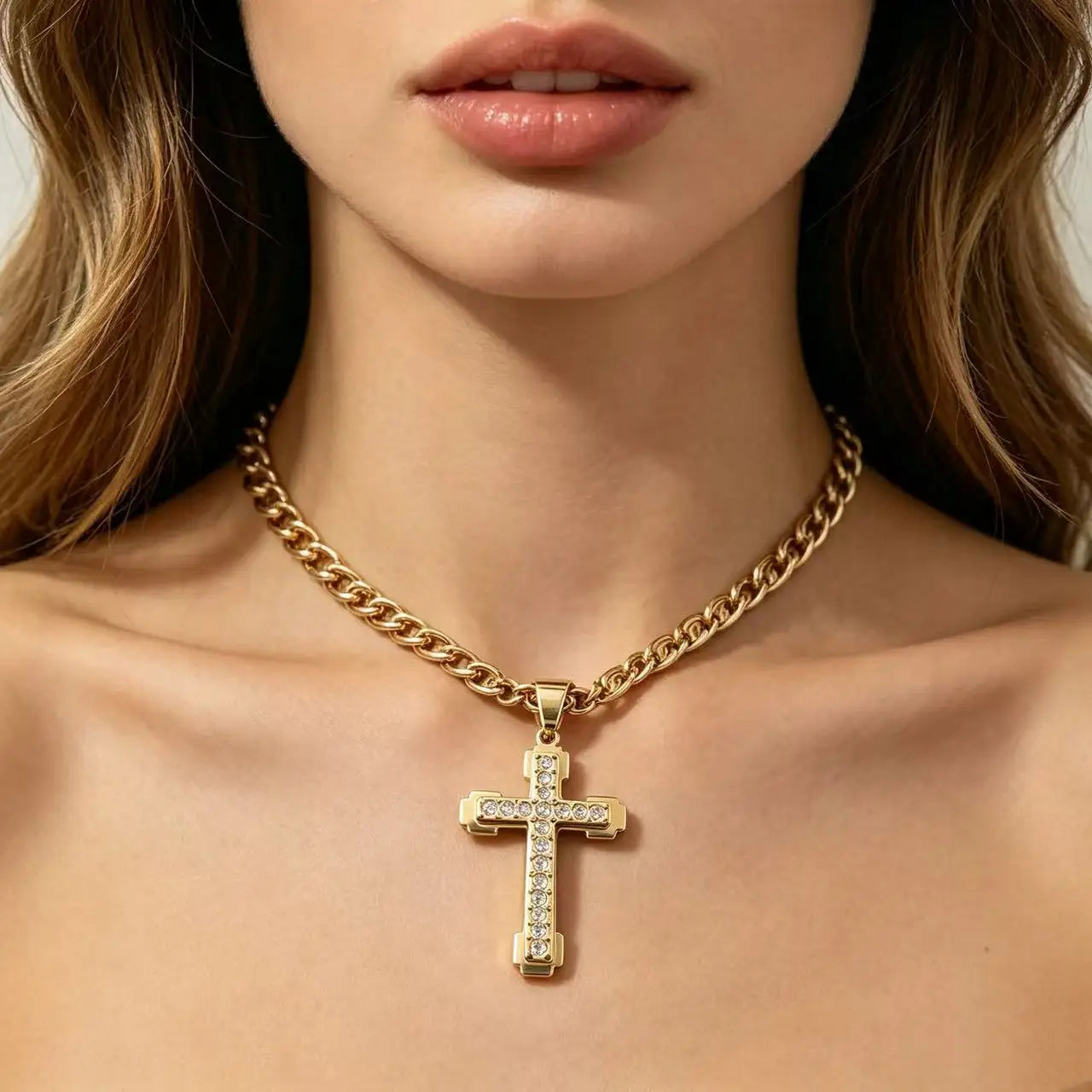 HNSP Stainless Steel Zircon Cross Necklace Pendant – Luxury Jewelry Accessories for Men & Women Fashion Gift