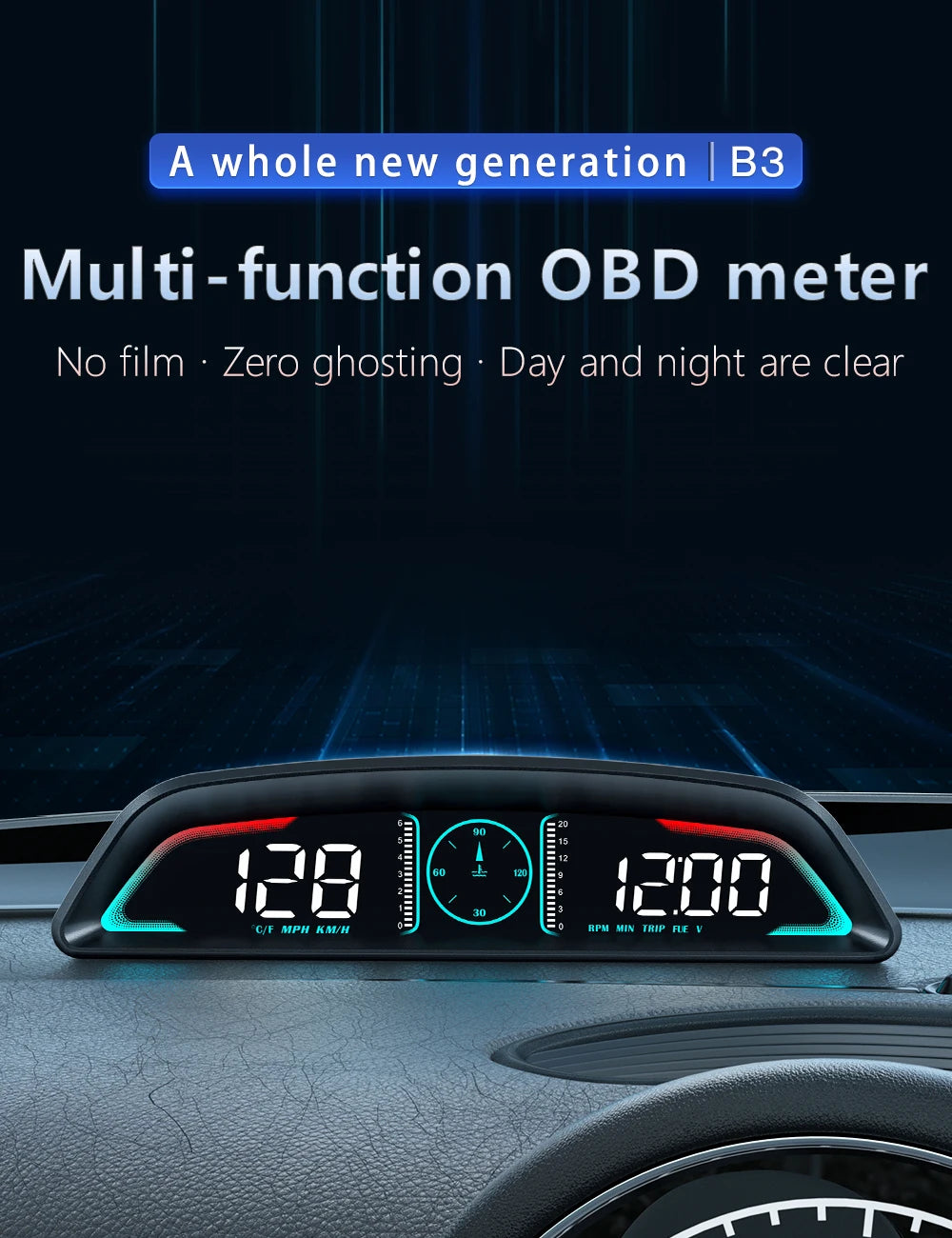 AD G3/B3 OBD2 GPS Head-Up Display – Smart Car HUD with Digital Speedometer, RPM, Water Temp, Clock & Security Alarm