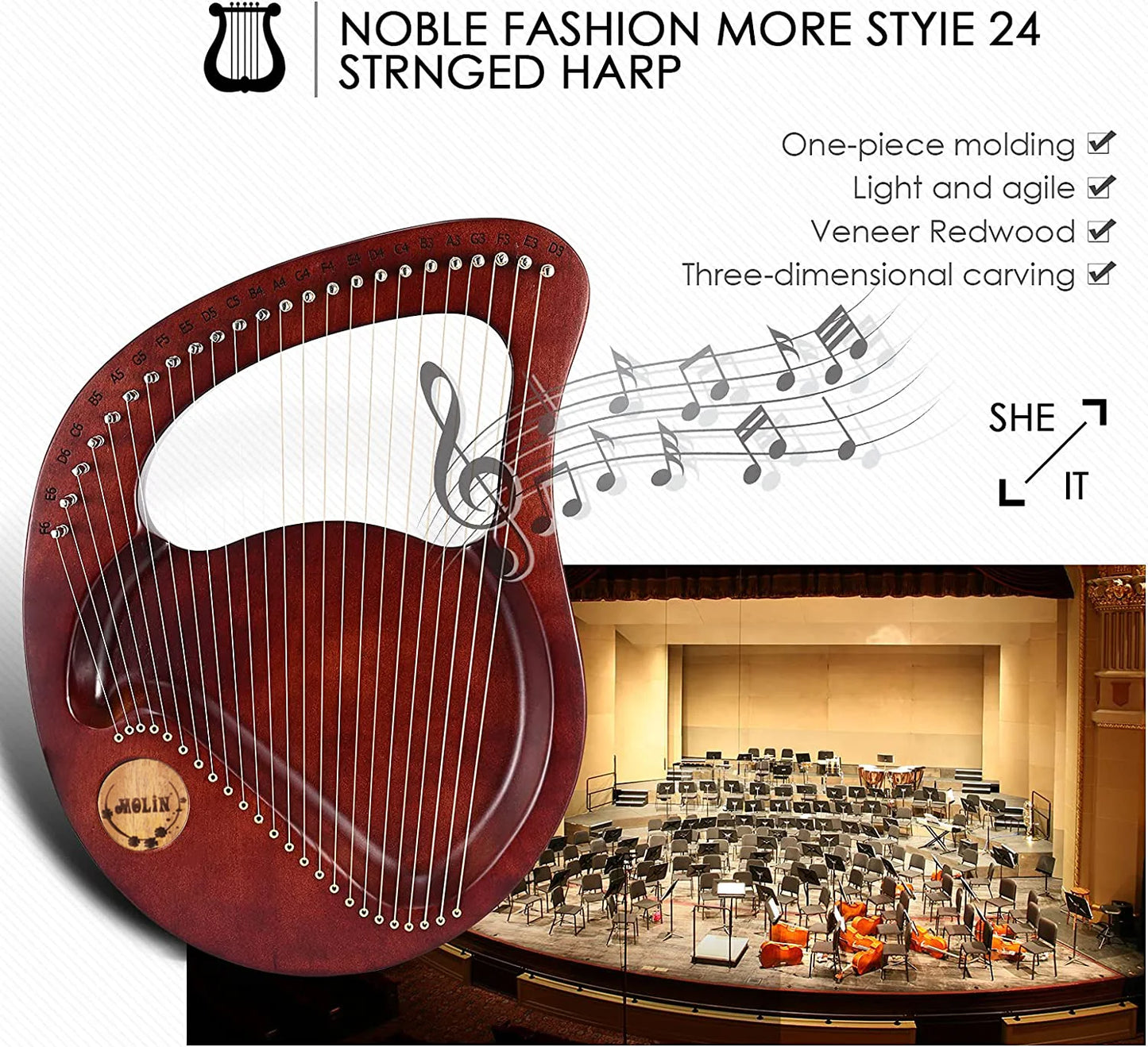 24-String Lyre Harp – Wooden Mahogany Piano Harp for Beginners with Matching Gifts