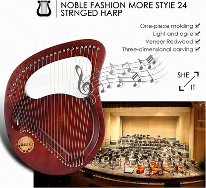 24-String Lyre Harp – Wooden Mahogany Piano Harp for Beginners with Matching Gifts