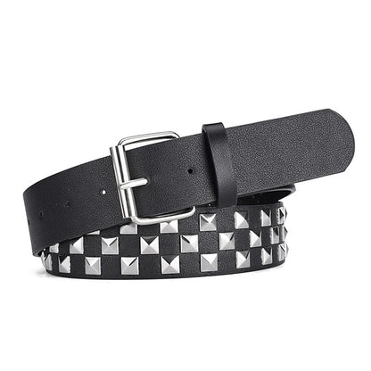 Personalized Rivets Checkerboard PU Leather Belt – 107CM Universal Hip-Hop Punk Fashion Belt for Men & Women